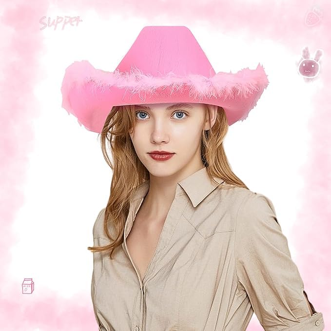 LYCN 6 sombreros de vaquero rosa para mujer, fieltro, sombrero de vaquero occidental con ribete de plumas mullidas para bodas, despedidas de soltera, fiestas de cumpleaños, cosplay, Rosa, 45