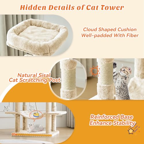 Image of Sweetcrispy 66 Inch Cat Tree Tower, Multi Level Cat Climbing Tower with Natural Sisal Scratching Posts, Hammock, Pet Condo for Indoor Cats and Kittens Play, Beige