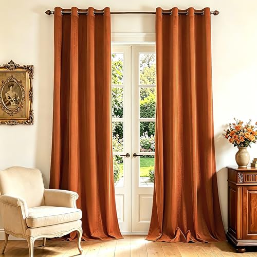 YOFUN Caramel Orange Velvet Blackout Curtains 2 Panels Set 84 inches Long Grommet Top Thermal Insulated Velvet Drapes for Living Room/Hallway/Dining/Holiday Party W52 x L84 in