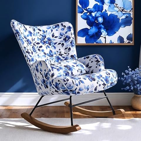 HomeMiYN Rocking Chair, Modern Floral Wingback Rocking Accent Glider Chair, Comfy Upholstered in Living Room for Reading, Indoor with High Backrest Rocker Chair, Blue and White Cover