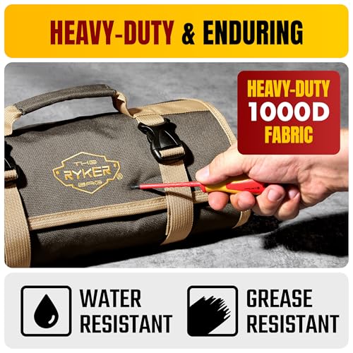 Image of Ryker Wrench Roll Up Tool Bag Organizer. Soft Motorcycle rollup tool pouch | Heavy Duty Small Tool Roll Bag. Mechanics Storage Gifts for him. Multiple Pockets for Survival Overland Gear, Sockets & Tools