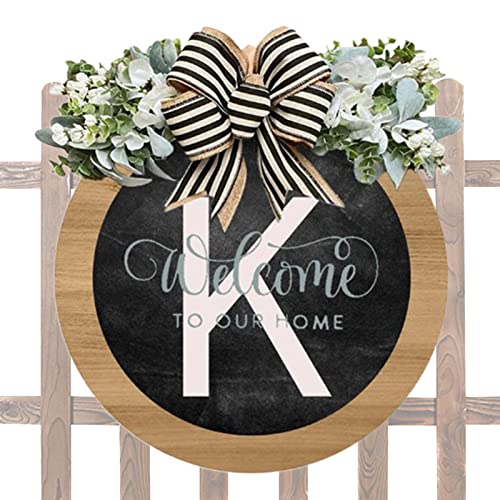 Panneau de bienvenue pour porte d'entrée – Nom de famille – Couronne de porte d'entrée ronde en bois – Décoration de porte extérieure, ferme, porche, pour le printemps, l'été, l'automne et toutes les
