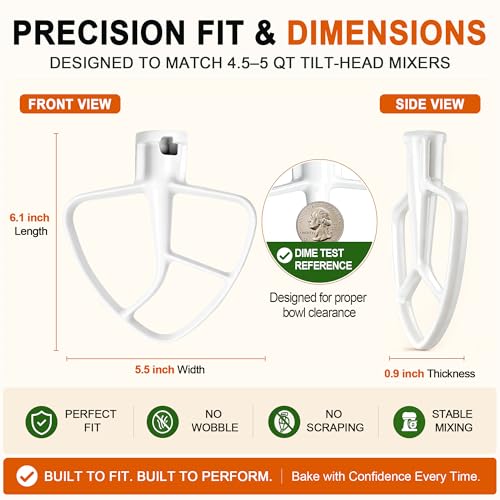 Image of Flat Beater K45B Compatible with KitchenAid 4.5-5 Qt Tilt-Head Stand Mixer | Coated, Flat Beater, Replacement K45B, White Paddle Attachment for Cookie Dough, Cake Batter and Frosting