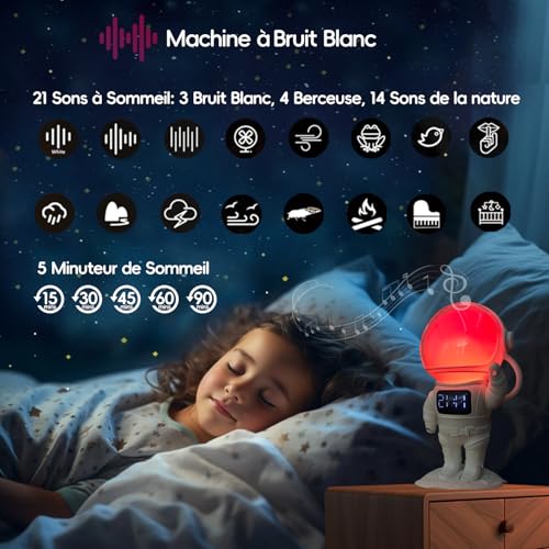 Avalynese Reveil simulateur d'aube avec Haut-Parleur Bluetooth, 7 Sonneries, 21 Sons de Sommeil, 22 Couleurs de lumière, Snooze, Minuteur, Forme en Astronaute pour Enfant garçon ado – vue 5
