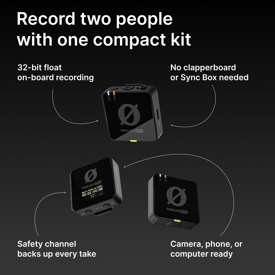 RØDE Wireless PRO, sistema microfonico wireless compatto con timecode, registrazione integrata a 32-bit float, 2 microfoni lavalier e custodia di ricarica smart per filmmaking e creazione di contenuti