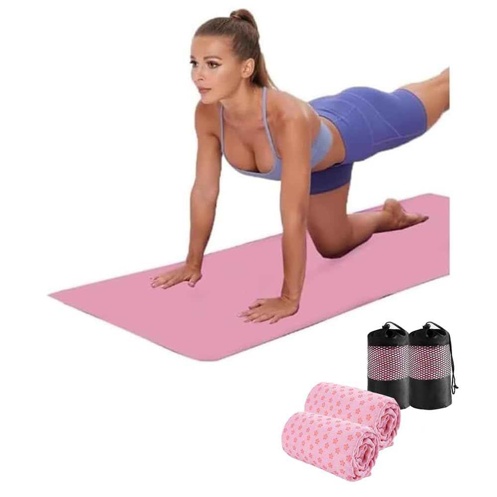 Oaygat Pink (2 Pack ) 2 Pcs Yoga Mat Towel Non Slip Yogas Mat Towel With Grip Silicone Dots Microfibre Blanket Towels Quick Dry Portable Breathable Microfibre Blanket Towels For Bikram Pilates Gym Workout