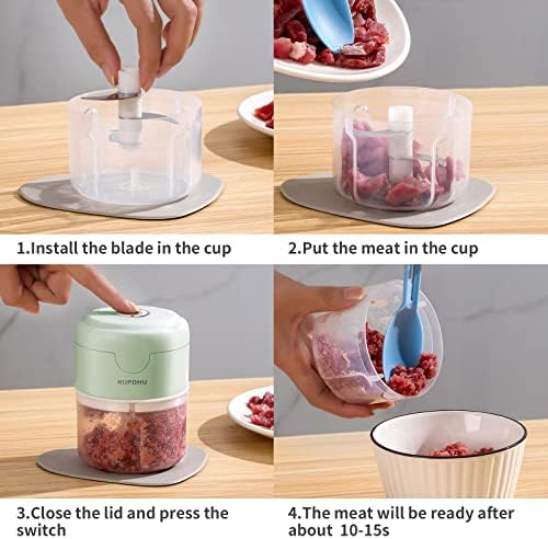 Electric Mini Food Chopper,RUPOHU USB Charging Mini Electric Garlic Chopper,Small Food Processor with Brush ,Used for Onion Garlic Pepper Vegetable Meat Mincer/Grinder/Puree Food100+250ml) (Green)
