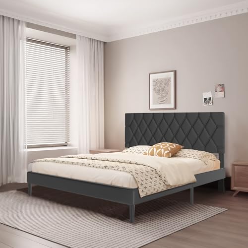 Froadp Cama tapizada de 140 x 200 cm – Marco de cama doble con soporte de listones de madera de piel sintética, cabecero tapizado con botones, marco de cama para dormitorio, diseño moderno (negro)