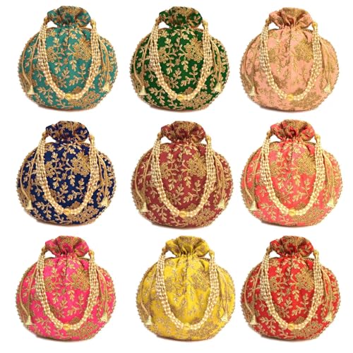 Indian Ethnic Potli Bag for Women Designer Silk Rajasthani Batwa with Pearl Handle Bridal Clutch Purse for Wedding Party & Return Gift (Pack of 1)