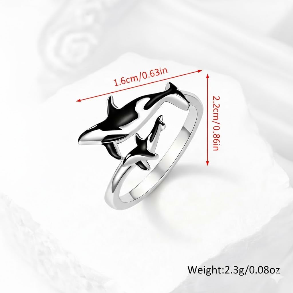 SUPAC Stainless Steel Orca Whale Ring, Adjustable Size, Black and Silver - Shamu Gift