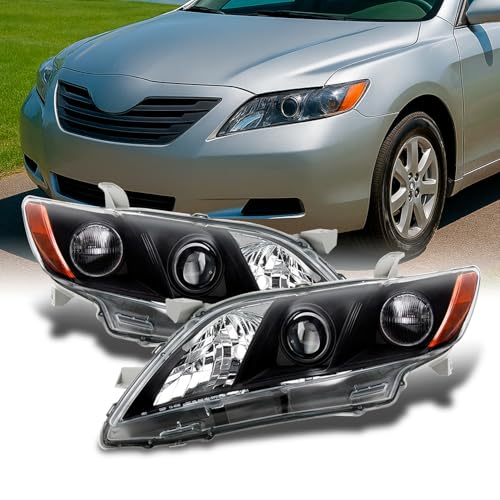 AKKON - Fits 2007-2009 Toyota Camry Sedan [Halogen Type] Projector Headlights Black Headlamps Pair Left Driver+Right Passenger