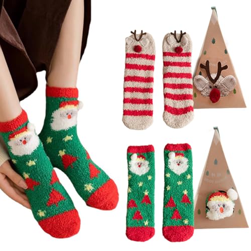 GGUFAY 2 Chaussette de Noel Femme Hiver avec Boîte Cadeau, idée Cadeaux de Noël Chaussettes Moelleuses Thermiques Confortables Chaussettes de lit Chaudes Mignonnes