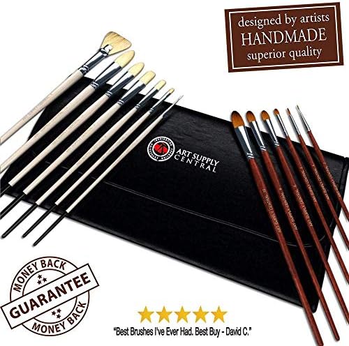 14 Piece Artist Brush Set, HandMade, 7 Natural Bristle and 6 Synthetic Brushes, No Shedding, For Oil, Acrylic and Watercolour, 1 Year Guarantee