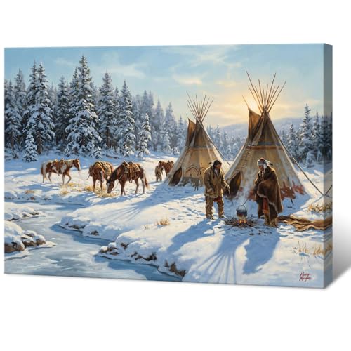 Framed Native American Winter Tipi Camp With Campfire And Horses Canvas Wall Art Vintage Snowy Forest Western Landscape Painting Poster Rustic Farmhouse Tribal Decor for Living Room 8x10inch