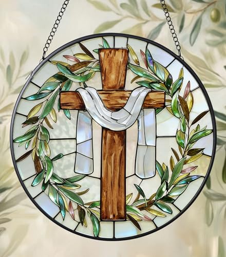 FancyPlus 7.9 Inch Cross and Olive Leaves Stained Glass Suncatcher Cross Sunset Suncatchers for Windows Hanging Indoor Decor Stained Glass Gift Christian Gifts Religious Gifts Window Decor