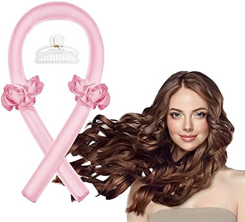 No Heat Curling Headband, No Heat Curlers for Long Hair, Curling Rod Headband to Sleep In with 2 Hair Ties and 1 Hair Clip, Soft Silk Hair Styling Tools Kit (Pink)