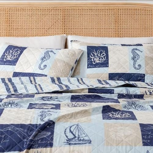 Twin Coastal Quilt Bedding Set, Summer Coastal Quilt with Sham, Beach 2-Piece Reversible All Season Bedspread Quilt Set. Lightweight Nautical Quilted Coverlet. Caspian Collection, Navy / Taupe