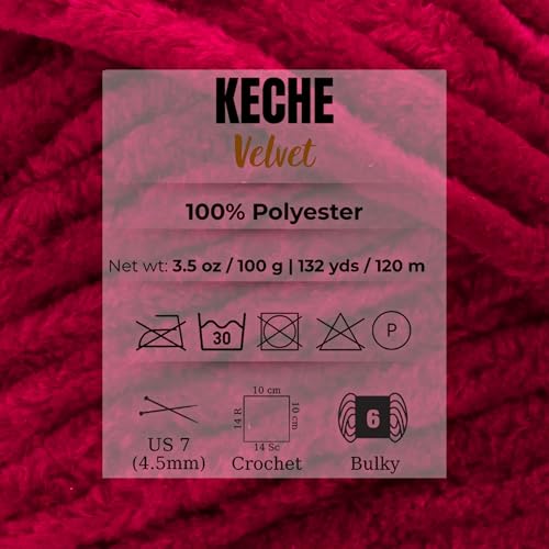 Image of Keche Velvet Yarn for Crocheting, Soft Chenille Bulky Baby Blanket Amigurumi Yarn 100 gr (132 yds) 3 Skeins - Burgundy