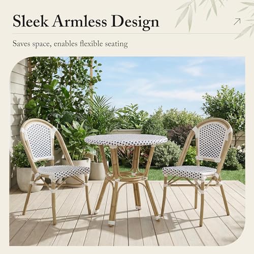 Image of PURPLE LEAF Outdoor Dining Chair Set of 1 Patio French Aluminium Frame in Champagne Finish with Sky Blue & White Woven Rattan for Indoor Kitchen Deck Bistros Cafe Restaurant