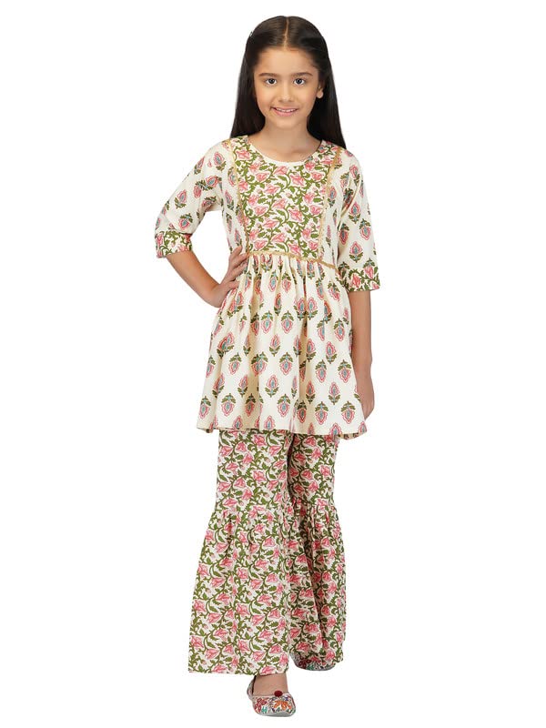PAVITRA Stylish Floral Print Cotton Kedia for Girls Round Neck Ethnic Wear Kurta Sharara Set for 05-13 Years Kids Girls With Beige, Green, and Orange Color