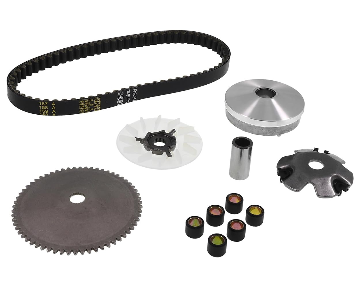 Variomatik Set GY6 50ccm 4-Takt – inkl. Riemenscheibe Keilriemen Variogewichte Lüfterrad – für Baotian Rex Benzhou Flex-Tech Explorer ATU – 10 Zoll Motor – 669x18x30