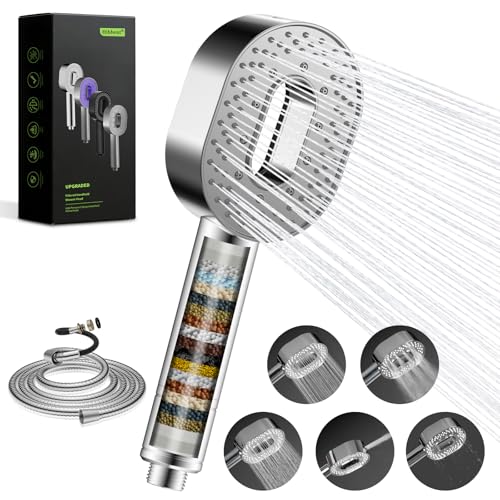 Hibbent Filter Duschkopf mit Schlauch 1,5m – Hochdruck Handbrause mit 20-Stufen Wasserfilter gegen Chlor & Kalk – 5 Strahlarten Massage Duschbrause für Haut & Haare, inkl. Filterkartusche, Chrom
