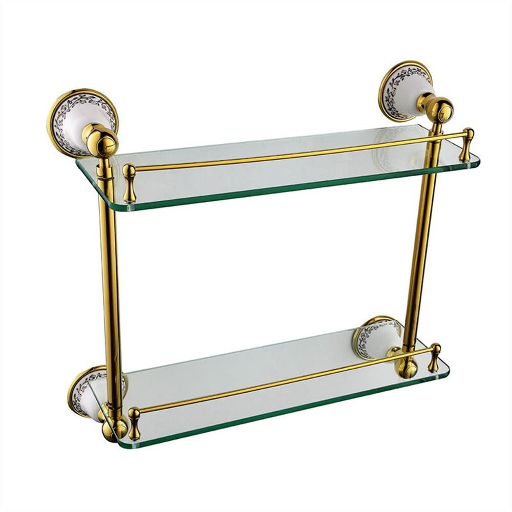 ZJHFFFG Shower Caddy Floating Shelves Bathroom Shelf Shampoo Shower Gel Towel Organizer Glass Shelf Brass Porcelain Wall Mounted
