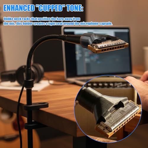 Loxuferv Harmonica Holder for 10 Hole Diatonic Harp, Hands-Free Mic Clip Compatible with Shure SM57 & 545SD-LC – 3D Printed Slide-On Attachment, Fixed Distance Acoustic Cup Design, Quick-Change Setup - Thumbnail 5