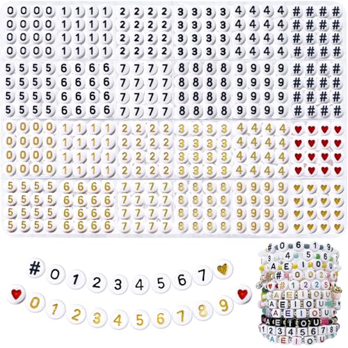 MIIIM 1200 Pcs Serif Number Beads for Bracelets 4x7mm Round Number Beads 0-9 for Phone Digits Keychains Necklace with Symbols and Charms (Black Golden)