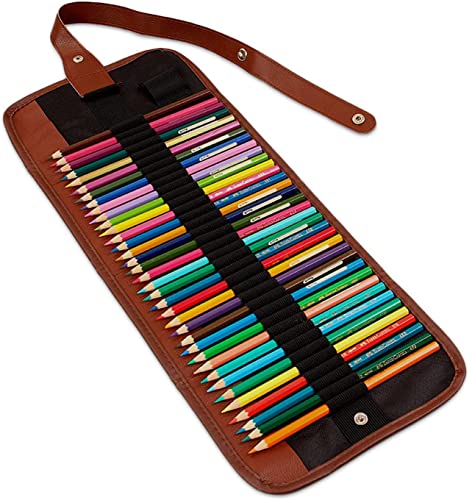 Image of Canvas Pencil Wrap Case, 48 Holes Colored Pencil Roll Holder Storage Pouch for Office (72 Holes, Brown)