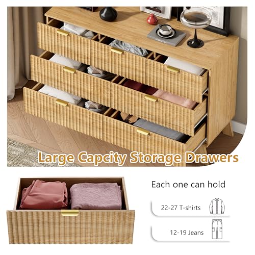 Image of Wodeer 7 Drawer Fluted Dresser for Bedroom, Mid Century Modern Wooden Dresser with 7 Drawers, Dressers & Chests of Drawers with Metal Handle, TV Stand & Storage Organizer for Entryway, Hallway, Oak