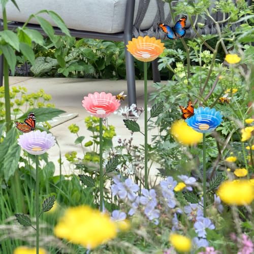 hogardeck Garden Decor for Outside, 4 Pcs 25.8\" Metal Bee Watering Station, Flower Design with Stakes, Butterfly Feeder Bird Bath for Outside Yard Patio Lawn (Blue, Yellow, Pink, White) - Thumbnail 5