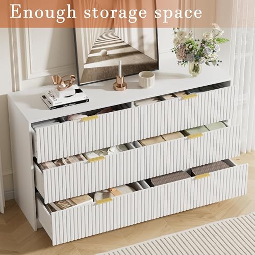 Image of Furniway 3 Piece Bedroom Set, 6 Drawer Dresser and Nightstand Set of 2 with Gold Handles, Modern Wood Chest of Drawers Storage Cabinet for Bedroom, White