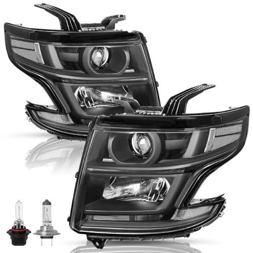 TUSDAR LED DRL Projector Headlights Assembly Compatible with 2015-2020 Chevy Tahoe Suburban Halogen Headlamp w/Bulbs Black Housing Clear Reflector