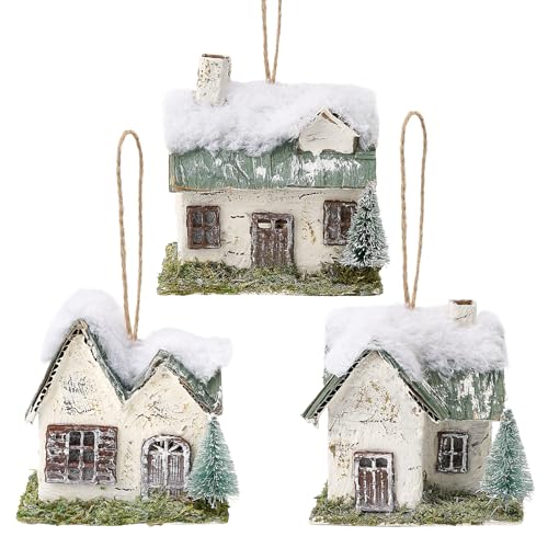 naturevibe Snow Village Houses Ornament with Warm Led Lights, Set of 3 Birch Log Cabin Christmas Tree Ornaments,Rustic Christmas Villages House Figurines as Winter Wonderland Decorations