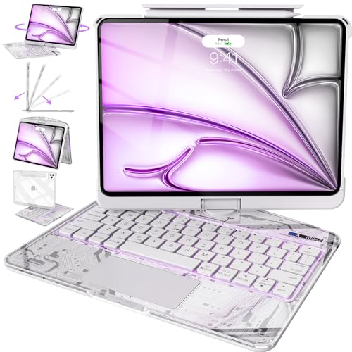Intermerge Clear iPad A16 11th & 10th Generation 10.9" Case with Keyboard, 360 Transparent Multi-Touch Trackpad, 7-Color RGB Keyboard, Pencil Holder, Type-C, Power Indicator, Frost Pulse