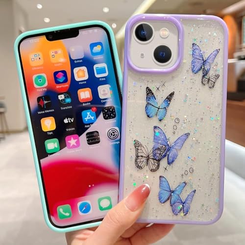 Image of VONZEE for iPhone 15 Plus Clear Glitter Butterfly Case, Cute Bling Sparkle Shiny Soft TPU Bumper Shockproof Women Girls Slim Protective Phone Cover for iPhone 15 Plus 6.7 inch,Mint Green