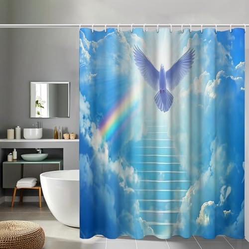 MULERN Duschvorhang Himmel Taube Treppe Duschvorhänge 180 x 200 cm, Wasserdicht Polyester Stoff Waschbar Bad Vorhäng mit Ösen & 12 Haken für Badezimmer, Badewanne, Helles Blau
