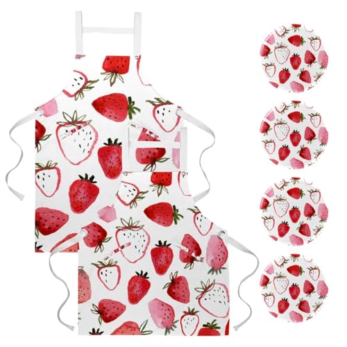 Lot de 2 tabliers de cuisine aquarelle fraise avec poches pour le ménage