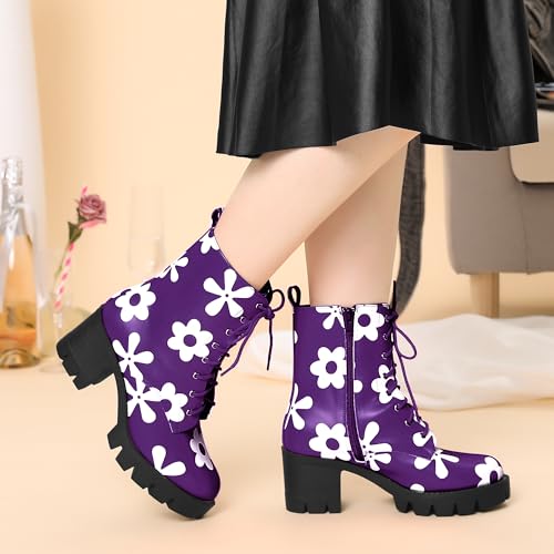 Allegra K Women's Printed Platform Round Toe Lace Up Chunky Heel Combat Boots4