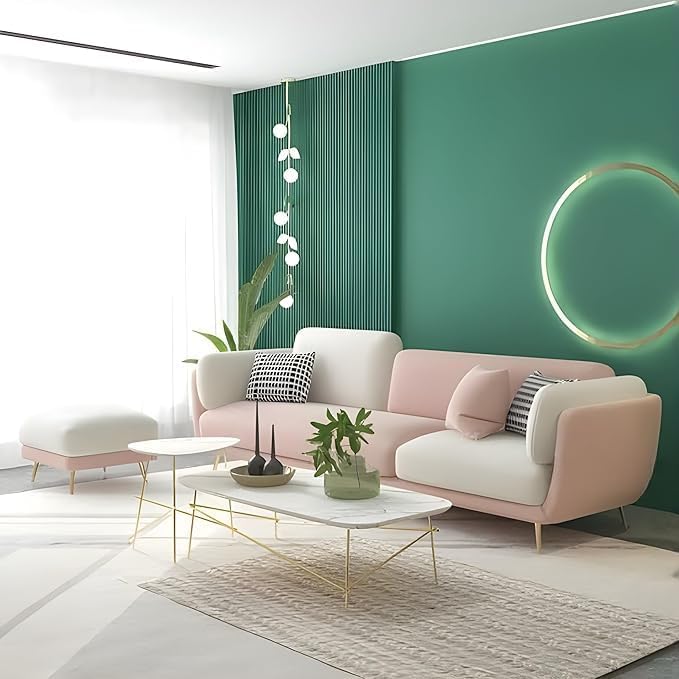 Image of Modern & Luxury Cushioned Couch Relax sectional Sofa in Fabric & Velvet and Heavy Duty Sofa Ideal for bedrooms, Living Rooms, Guest Rooms, Homes, and Office-(3 Seater Pink & Beige).