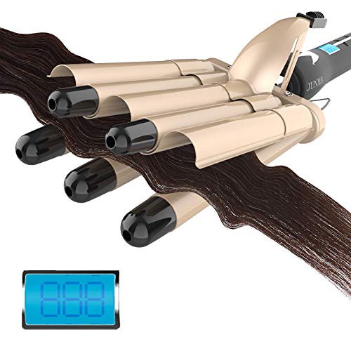 Hair Crimper Hair Waver Iron - 3/4 Inch 5 Small Barrel Curling Iron Curling Wand Wave Wand for Hair Crimping Iron 176°F-446°F LCD Temperature Display Dual Voltage (Gold)