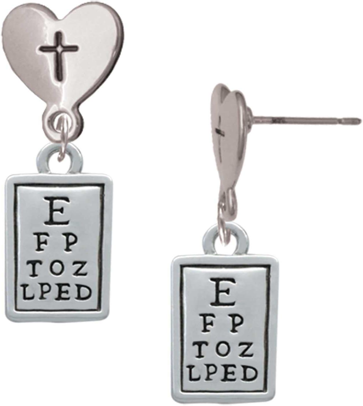 Delight Jewelry Silvertone Eye Chart Cross in Heart Post Dangle Earrings