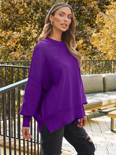 Image of LILLUSORY Women's Oversized Batwing Sweaters 2026 Fall Outfits Trendy Crewneck Knit Side Slit Fashion Pullover Tops
