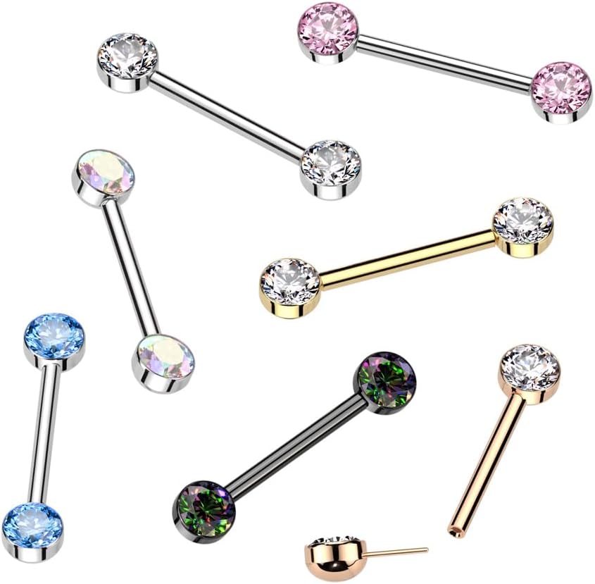 Pierced Owl 14GA ASTM F-136 Implant Grade Titanium Threadless Push-In Bezel Set CZ Crystal Ends Nipple Barbells, Sold as a Pair