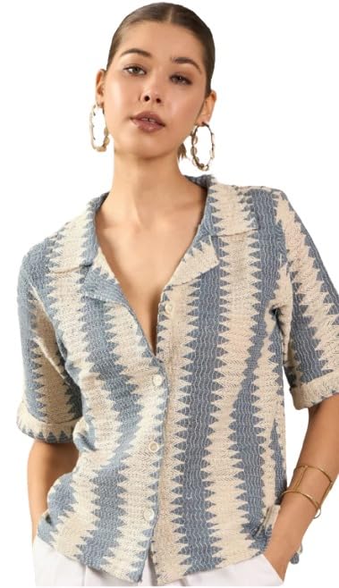 Women's Striped Shirt, Blue and Beige, V-Neck, Short Sleeve, Button-Down, Casual Top-picture-32