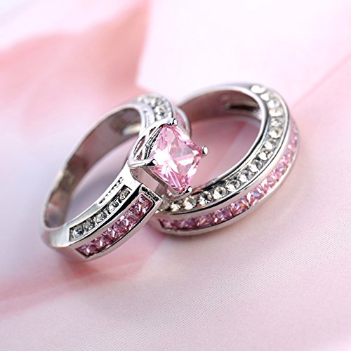 ZDIFDIC 1.5 Carats Sterling Silver Pink Cubic Zirconia Bridal Set Engagement Wedding Ring Bands Princess Cut Simulated Diamond Promise Rings Set for Women Sizes 6 to 10(6#), KE-RS01-TJ063