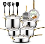 NutriChef Kitchenware Pots & Ensemble de casseroles -16-Piece Ensemble de cuisine avec ustensiles en nylon, revêtement en céramique de Prestige nonick, vaisselle élégante, coffre-fort d'induction, acier inoxydable
