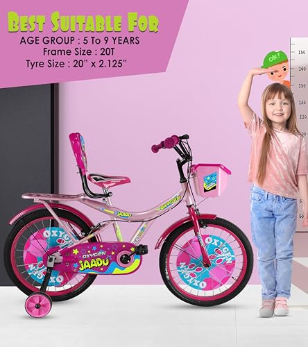 Image of OXYGEN Girl 20T Kids Bicycle for Girls 5-9 Years with Training Wheels, Basket & Rear Carrier, High Tensile Steel Frame, Single Speed Beginner Kids Cycle, Professional Assembly Required (Pink)