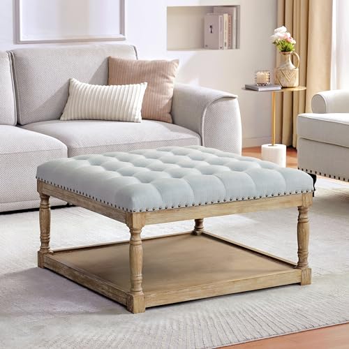 HUIMO 33-inch Large Square Ottoman Coffee Tables for Living Room, Tufted Upholstered Linen Ottoman with Storage Shelf and Solid Legs for Office Bedroom Farmhouse (Light Blue) - Thumbnail 6